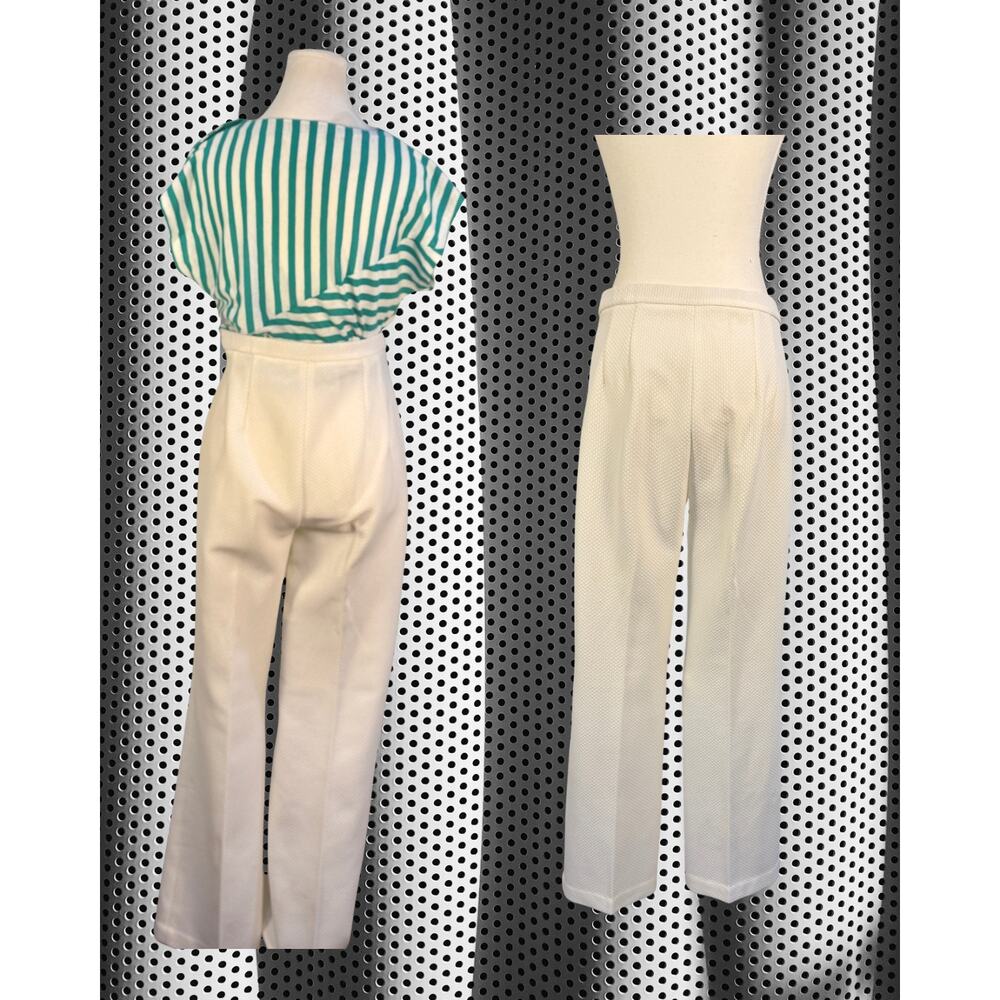 Vintage 70s Groovy White Waffle Knit Dagger Collar Blazer Flare Pants Set M/L - Picture 7 of 7